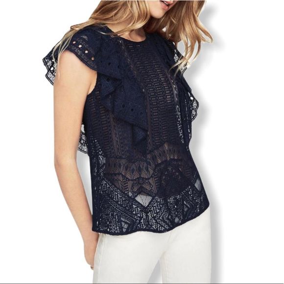 BCBGMaxAzria Nishka Dark Navy Ruffle Lace Top NWT - Picture 1 of 13